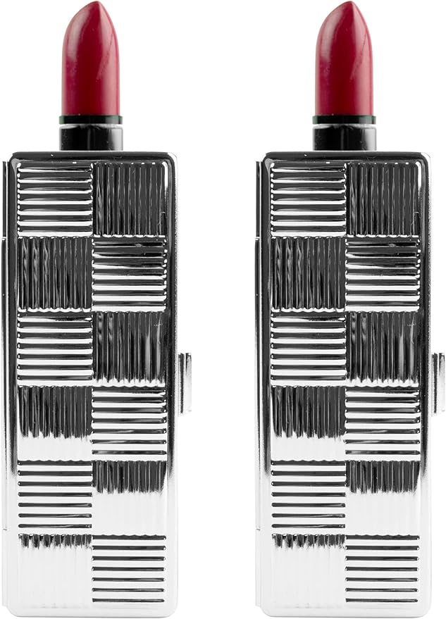 Stephanie Imports Set of 2 Rectangular Vintage Lipstick Cases With Glass Mirror (Silver Checker)