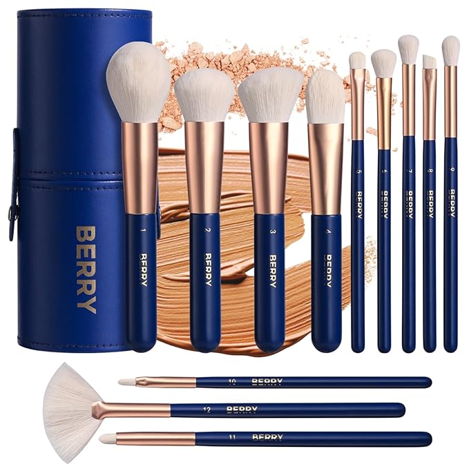 BERRY Blue Premium Makeup Brush Set – 12-Piece Professional Ultra-Soft Synthetic Brushes for Face & Eyes | Foundation, Powder, Blush, Concealer, Eyeshadow – Vegan, Cruelty-Free, Numbered, Travel Case