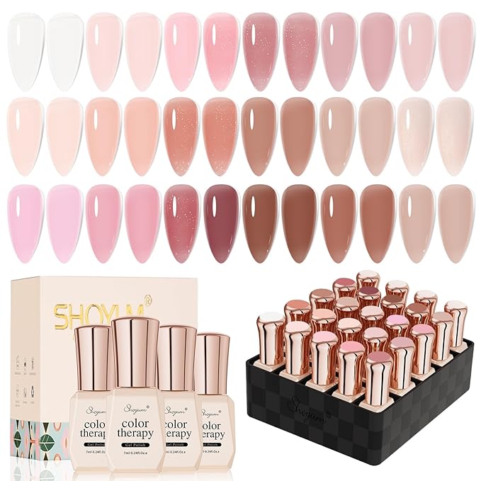 24 Pcs Jelly Nude Gel Nail Polish Set, Sheer Pink Colors Gel Polish Kit with Glossy & Matte Top Coat and Base Coat for Nail Art DIY Manicure and Pedicure at Home