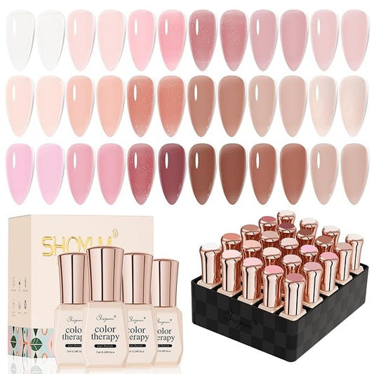 24 Pcs Jelly Nude Gel Nail Polish Set, Sheer Pink Colors Gel Polish Kit with Glossy & Matte Top Coat and Base Coat for Nail Art DIY Manicure and Pedicure at Home