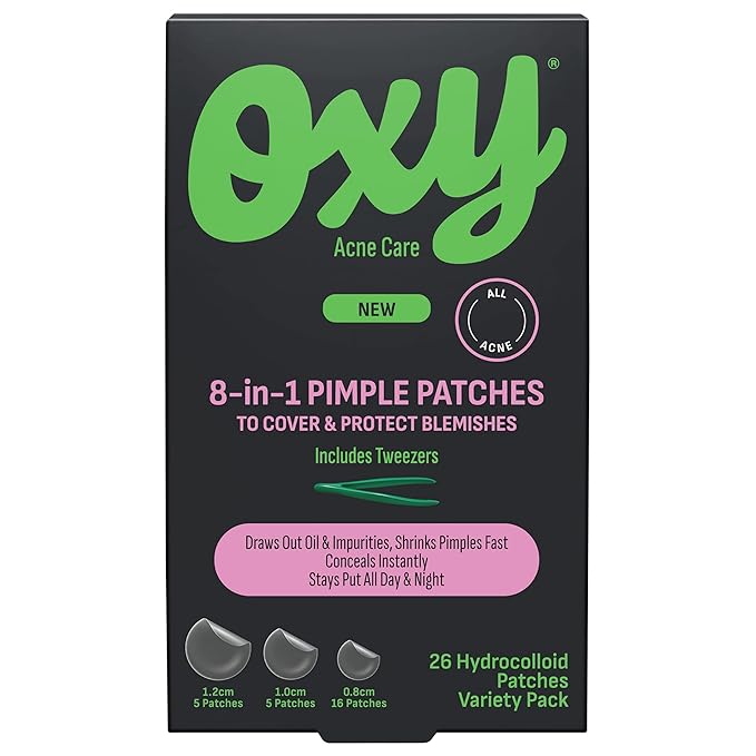 Oxy 8 IN 1 Pimple Acne Patches, Invisible, Sweat & Waterproof Hydrocolloid Zit Covers Protect & Shrink Pimples, Fast On Face & Body, 26 Count in 3 Sizes, Tweezers Included (3x26ct)