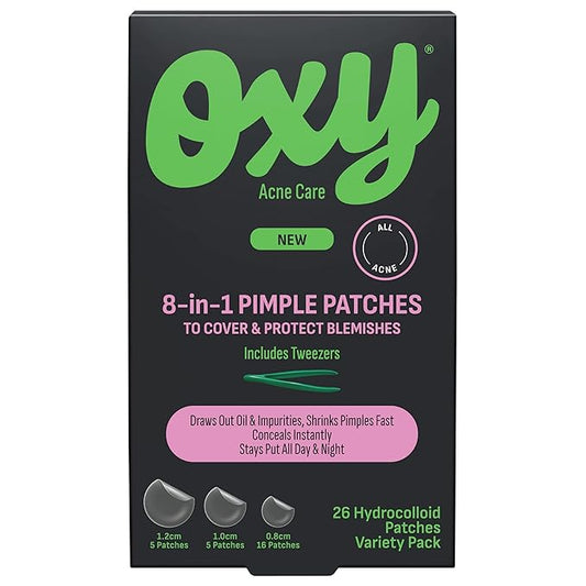 Oxy 8 IN 1 Pimple Acne Patches, Invisible, Sweat & Waterproof Hydrocolloid Zit Covers Protect & Shrink Pimples, Fast On Face & Body, 26 Count in 3 Sizes, Tweezers Included (3x26ct)
