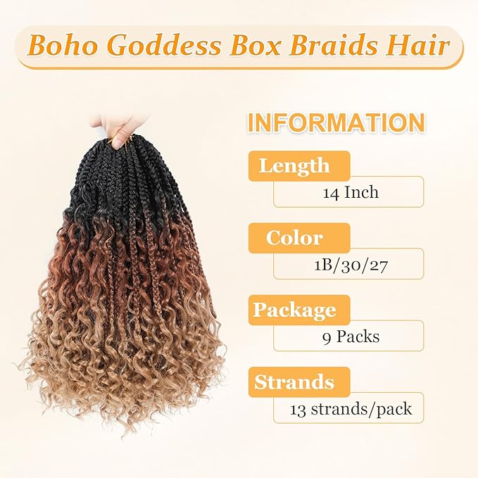 14 Inch Goddess Box Braids Crochet Hair Curly Ends 9 Packs Pre Looped Boho Crochet Box Braids Bohemian Box Braid Crochet Hair For Black Women (14Inch 9Packs,1B/30/27)
