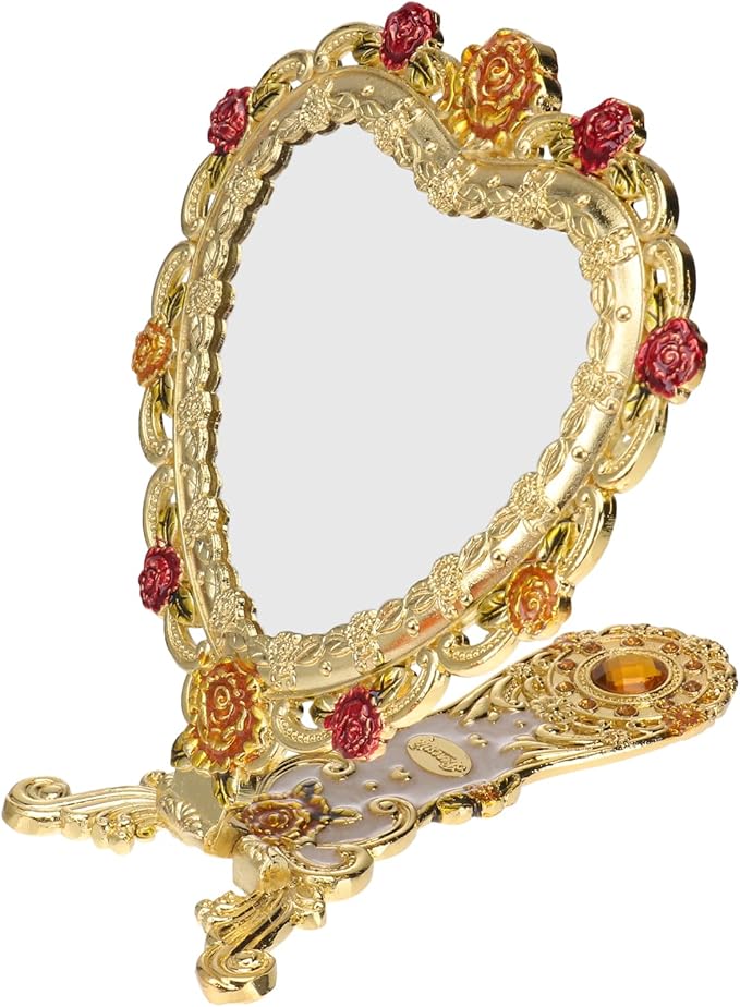 Beaupretty Hand Mirror Vintage Handheld Mirror Heart Shaped Travel Mirror Salon Barber Hairdressing Mirror Cosmetic Mirror for Pocket Purse Birthday Golden