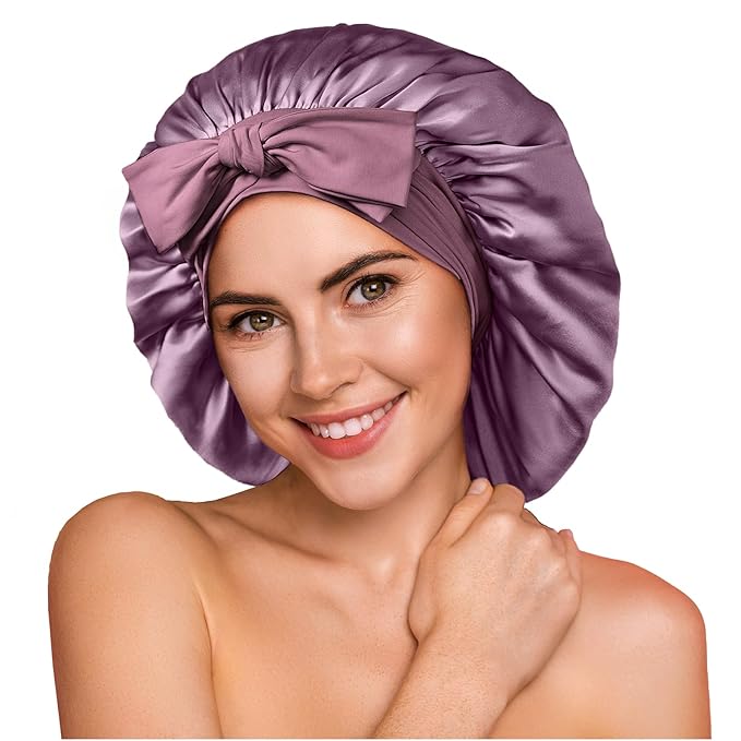 YFONG 100% 22 Momme Mulberry Silk Bonnet for Sleeping Women, Larger Double Layer Silk Hair Wrap for Curly Short Long Hair, Non-Slip Sleep Cap Turban with Elastic Tie Band for Hair Care, Purple