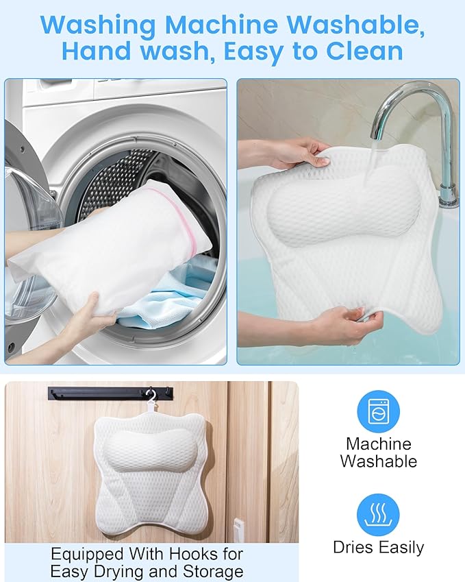 Bath Pillow, Bath Pillows for Tub Neck and Back Support, Soft 4D Air Mesh Bathtub Pillow 16.5 x 17.3 INCH, with 6 Powerful Suction Cups, Bath Accessories Relaxing Gifts for Women (White)