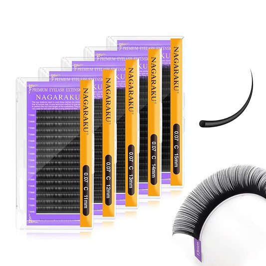 NAGARAKU 5 Trays Eyelash Extensions Individual Lashes 0.07mm C curl 11/12/13/14/15mm in 1 pack Classic Soft Natural Professional Faux Mink 16 rows