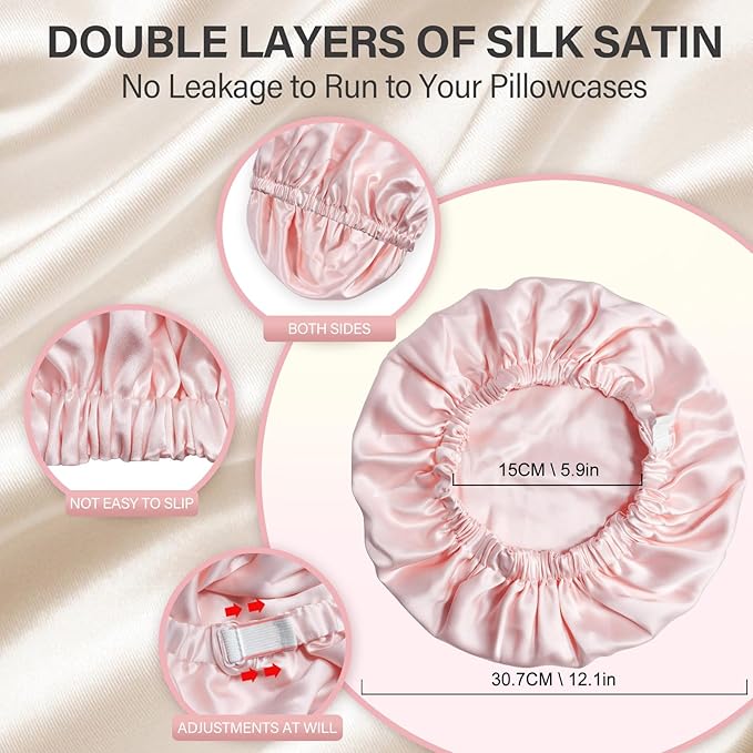 22 Momme 100% Mulberry Double Silk Bonnet for Sleeping Women Double Layer Lined Stay On Head for Hair Care with Adjustable Elastic Band Non-Slip Silk Turban Curly Hair Silk Hair Cap Pink