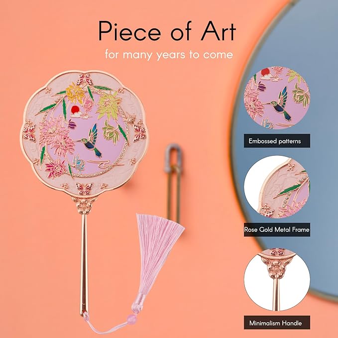Hand Mirror, Handheld Mirror with Hummingbird Embossed Patterns, Metal Classic Makeup Mirror, Personal Cosmetic Mirror, Compact and Portable, Unique Gifts for Women(Rose Gold)
