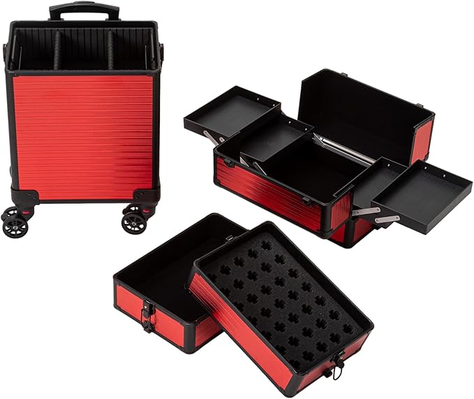 4 in 1 Portable Traveling Aluminum Professional Makeup Trolley Cart with Multiple-Sized Compartments and Wheels (Black with red)
