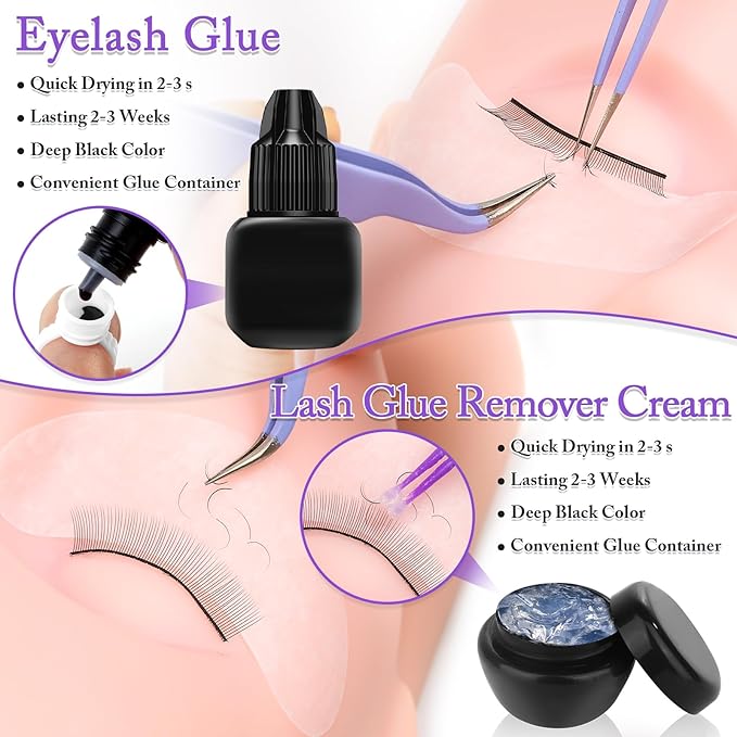 404 Pcs Professional Lash Extension Supplies Kit with Lash Clusters,Lash Fan, Extension Glue,Eyelash Remover,Tweezers, Eyelash Extension Kit for Beginners, Purple