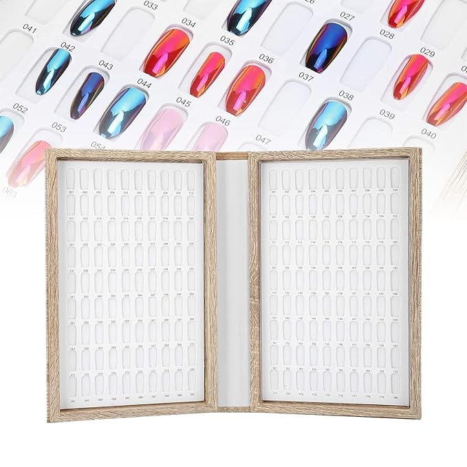 180 Colors Nail Color Display Book - Wood Nail Gel Polish Display Book False Nail Tip Display Board Reusable Nail Practice Design Board Nail Color Swatches Color Design Chart Card (01)