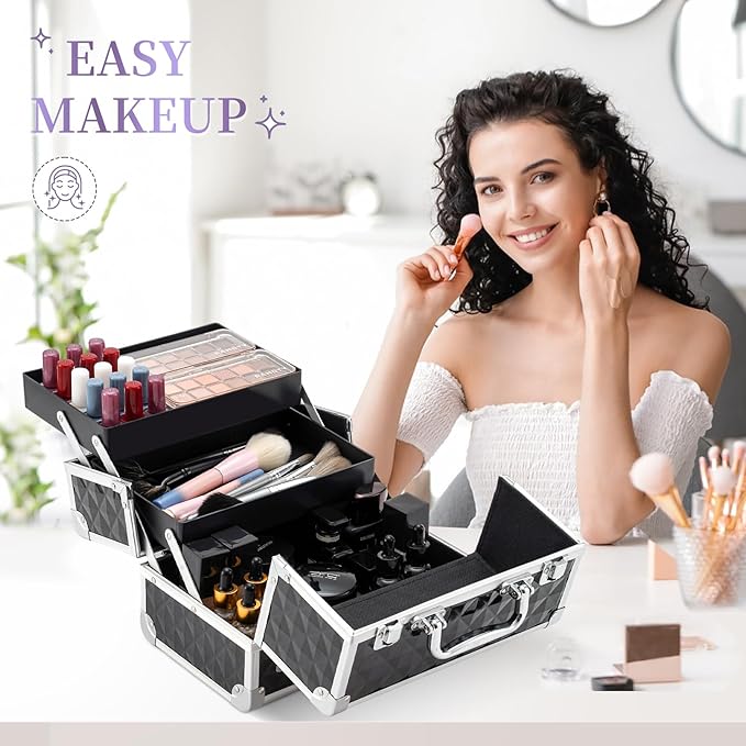 Leeora&Leekoo Makeup Train Case Cosmetic Box Portable Makeup Case Organizer 2 Trays Makeup Storage with Mirror for Cosmetologist Aesthetic Supplies Nail Tech Traveling Makeup Box (Watercube)