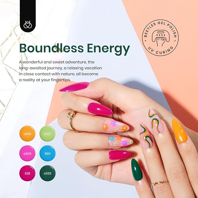 Beetles 6Colors Gel Polish Set- Deep Pink Green Blue Orange Gel Nail Polish Rainbow Hot Pink Nail Polish Boundless Energy Collection Holiday Nail Art Design, Soak Off Uv LED Gel Manicure DIY Home