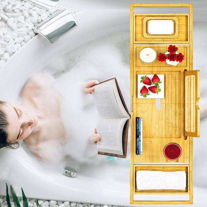 Premium Bathtub Tray Caddy with Makeup Mirror Bamboo - Bath Tray Expandable- Unique House Warming Gifts, New Home, Anniversary & Wedding Gifts for Couple, Bridal Shower Gift for Wome