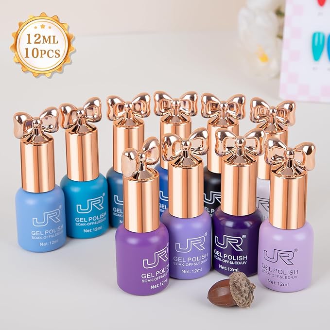 JR Violet Gel Nail Polish Set 10 Colors 0.4floz Butterfly Bottle Semi Cured Long Lasting Vegan Chip-Resistant Long-Lasting Soak off Gel Polish Gifts for Women F Model