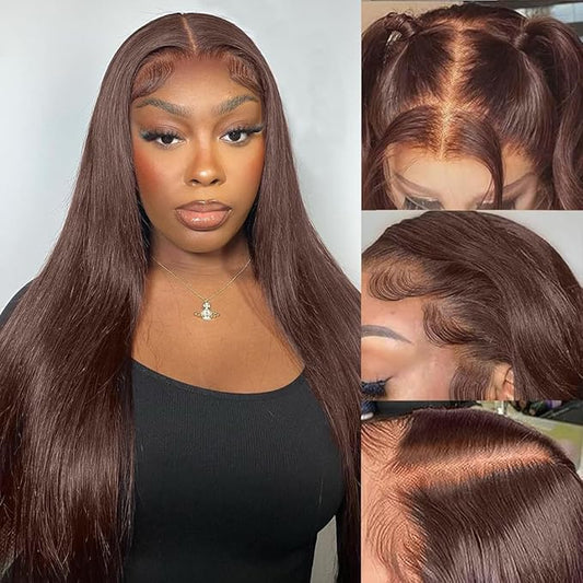 13x4 Lace Front Wigs Human Hair Pre Plucked Brazilian Unprocessed Straight Lace Frontal Wig with Baby Hair Chocolate Brown Colored Glueless Wigs for Women (Chocolate Brown,26 Inch)