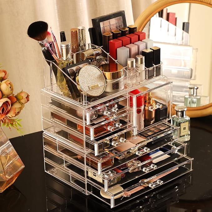 Cq acrylic 3 Pack Clear Make Up Organizers for Vanity,Stackable 7 Drawers Make Up Organizer,Cute Desk Organizer for Vanity Jewelry,Hair Clip,Beauty,Skincare Product Dresser Acrylic Drawer Organizer
