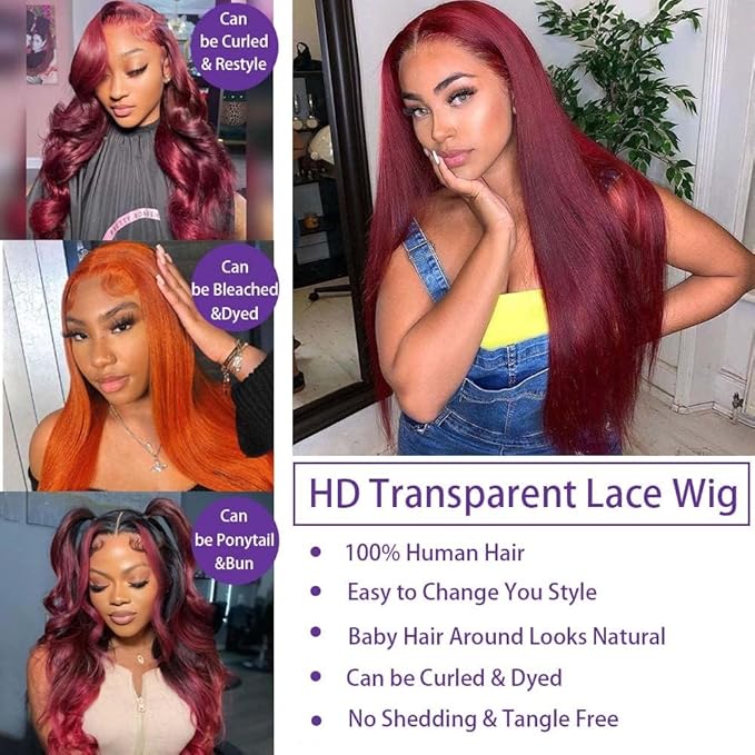 99j Burgundy Lace Front Wigs Human Hair Pre Plucked 180% Density 13x4 Straight hd Lace Frontal Wig with Baby Hair Human Hair Wigs for Women Red Wig 26inch