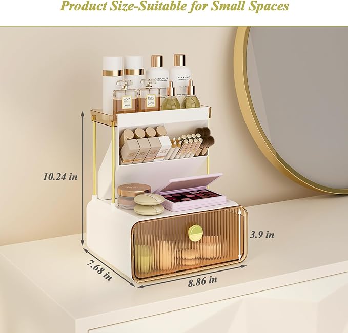 Makeup Organizer with Storage Drawer,Cosmetic Display with Lipsticks Brush Holder Perfume Tray,Organize Cosmetics and Beauty Supplies for Vanity,Dresser,Bathroom,Desktop Organizer,Amber