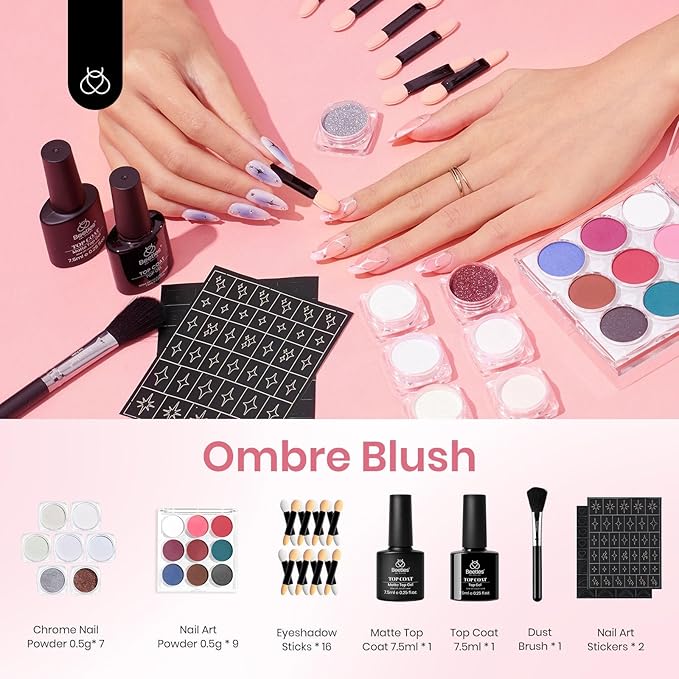 Beetles Metallic Chrome Nail Powder Kit, Mirror Effect Holographic Nail Gradient Powder Set & Nail Art Stickers Decals with 2Pcs 7.5ml Top Coat for DIY Nails Art Decoration, 16 Colors 0.5g/Jar