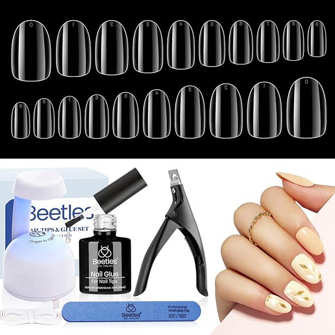 Beetles Nail Tips 240 Pcs Short Oval Nail Kit 5 In 1 Nail Glue Base Gel Uv Led Lamp Press on Nails Easy Nail Extension Set for Women