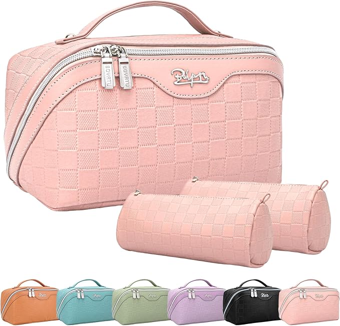 BOYATU Travel Makeup Bag Organizer Cosmetic Bag: 3 Pcs Set Make up Bags for Women with Handle - Waterproof Vegan Leather Toiletry Bags with Comparments (Pink)