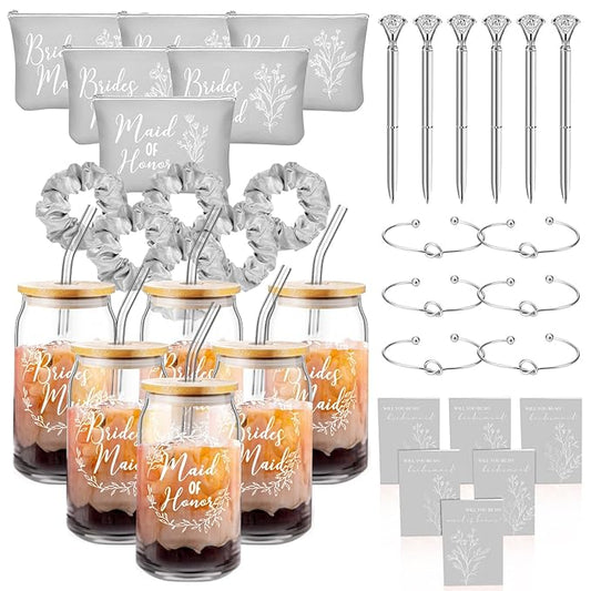 Irenare 36 Pcs Bridesmaid Proposal Gifts Bridal Shower Gifts 16 oz Glass Cup Cosmetic Makeup Bags Invited Cards Scrunchies Hair Knotted Bracelets Diamond Pens Favors for Wedding (Gray)