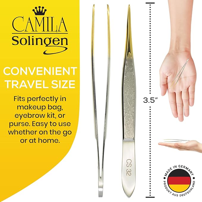 CS32 3 1/2" Gold Tipped, Surgical Grade, German Stainless Steel Tweezers (Pointed) - Flawless Eyebrow and Facial Hair Shaping and Removal for Men/Women