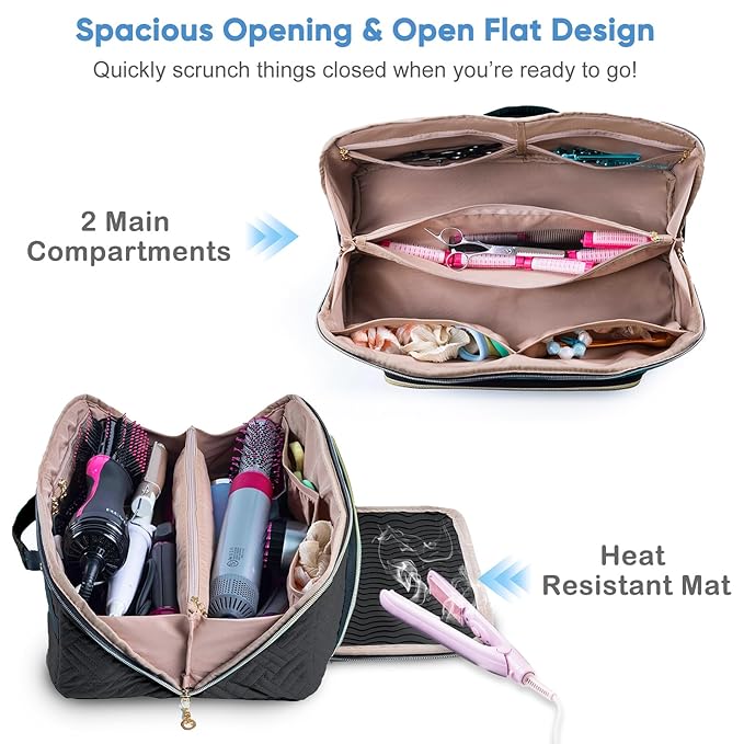 Large Hair Tools Travel Bag with Iron Mat - 2in1 Hair Tools Organizer for Hair Dryer Brush, Flat Irons, Straighteners, Curling Irons, Hair Bag, Makeup Bag, Cosmetic Bag for Travel Essentials