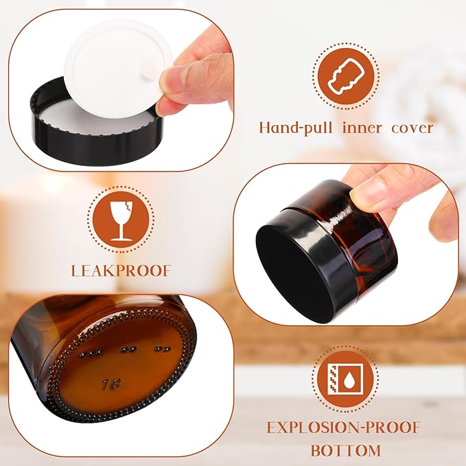 Domensi 60 Pcs 1oz Glass Jars with Lids Bulk Salve Tins Small Glass Candle Cosmetic Jars for Travel with Inner Liners Containers for Lotions Sample Cream(Amber, Black Lid)
