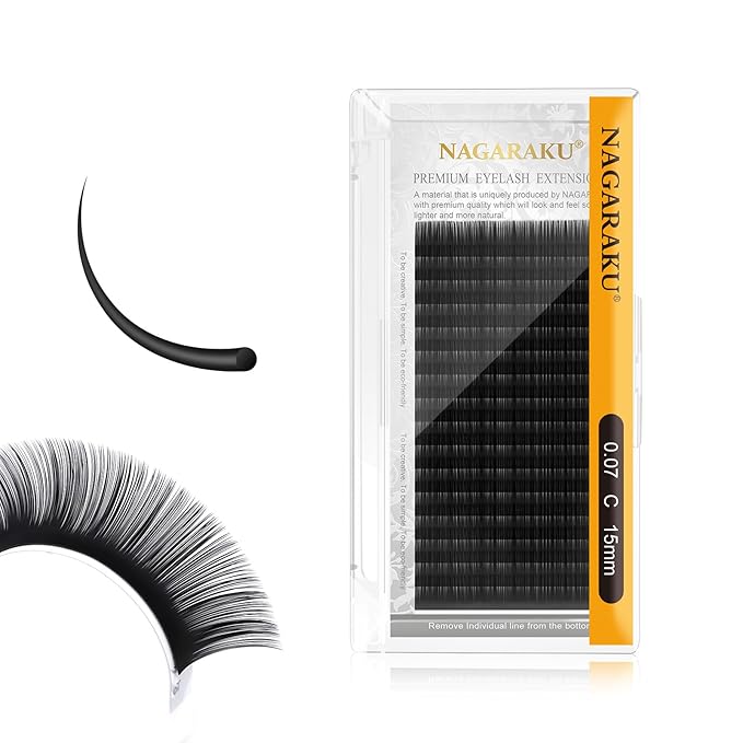 NAGARAKU Eyelash Extensions Individual Lashes 0.07mm C curl 15mm Classic Super Matte Black Soft Natural Faux Mink 16 rows Stable curl