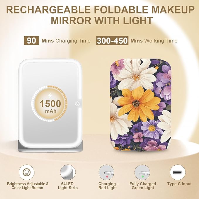 Mocado Travel Makeup Mirro with Lights, 360° Rotation Lighted Makeup Mirror, Portable Mirror with 10x Magnification, 3 Color Lightings, Dimmable Touch Screen, Tabletop Light up Mirror(Sun Daisy)