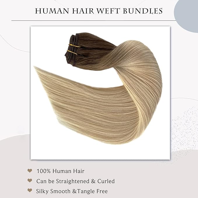 Ubetta Sew in Hair Extensions Real Human Hair, Ombre Brown to Blonde Weft Hair Extensions Human Hair Extensions 20"" 100G Hand Tied Weft Hair Extensions Real Human Hair Weave Bundles for Women