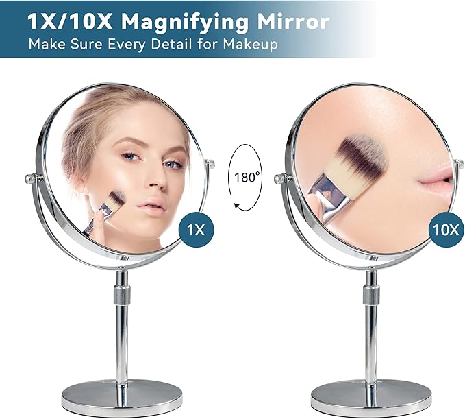 17" Tall Tabletop Magnifying Makeup Mirror Height Adjustable Vanity Mirror 1X/10X Magnification, 8" Large Double-Sided 360° Swivel Classic Round Desktop Make Up Mirror for Bathroom & Bedroom, No Light