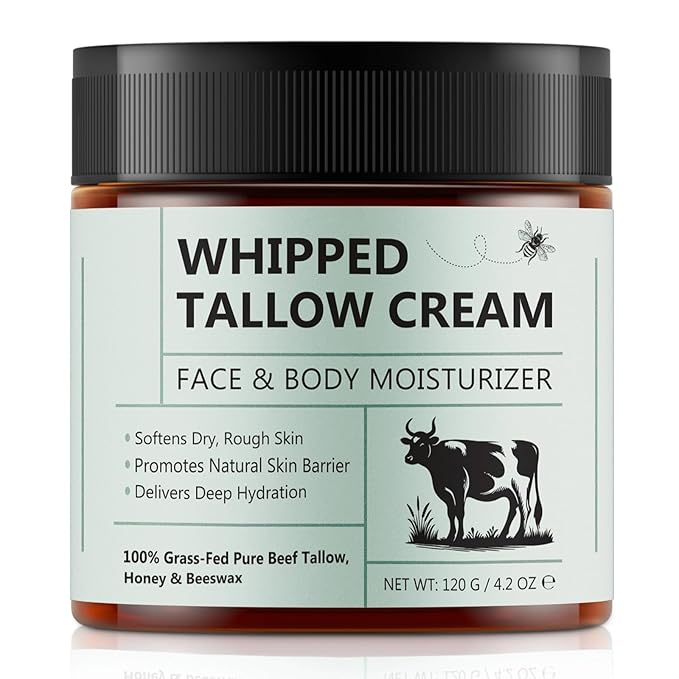 Beef Tallow for Skin, Tallow Face Moisturizer, 4.2 oz Organic Whipped Grass Fed Beef Tallow with Honey Cream for Face & Body, Unscented