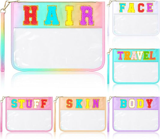 Abbylike 6 Pcs Chenille Letter Clear Zipper Pouch Summer Waterproof Cosmetic Pouch Travel Gym Beach Hawaii Bag Travel Patch Purse Makeup Letter Bag for Women Girls, 6 Colors(Macaron Colors,Cute)