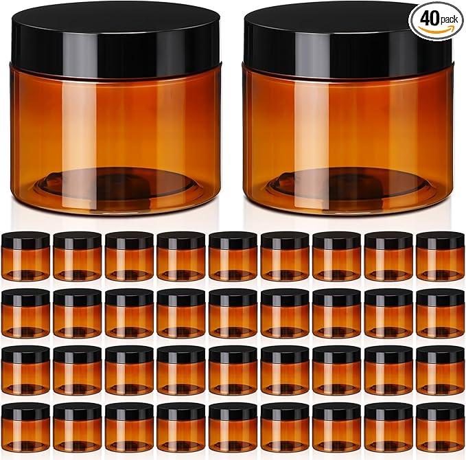 Tanlade 40 Pcs Amber Plastic Jars with Lids Round Cosmetic Containers Amber Jars Refillable Containers for Powder Liquid Food Storage Kitchen Cosmetic Lotion Ointments Creams Essential Oil (10 oz)