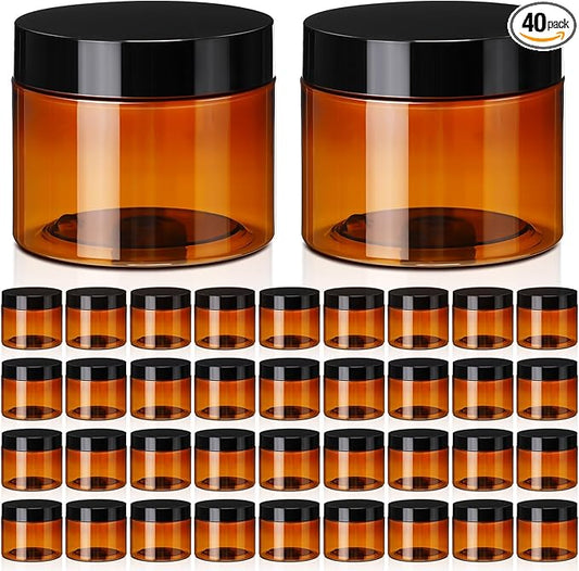 Tanlade 40 Pcs Amber Plastic Jars with Lids Round Cosmetic Containers Amber Jars Refillable Containers for Powder Liquid Food Storage Kitchen Cosmetic Lotion Ointments Creams Essential Oil (10 oz)