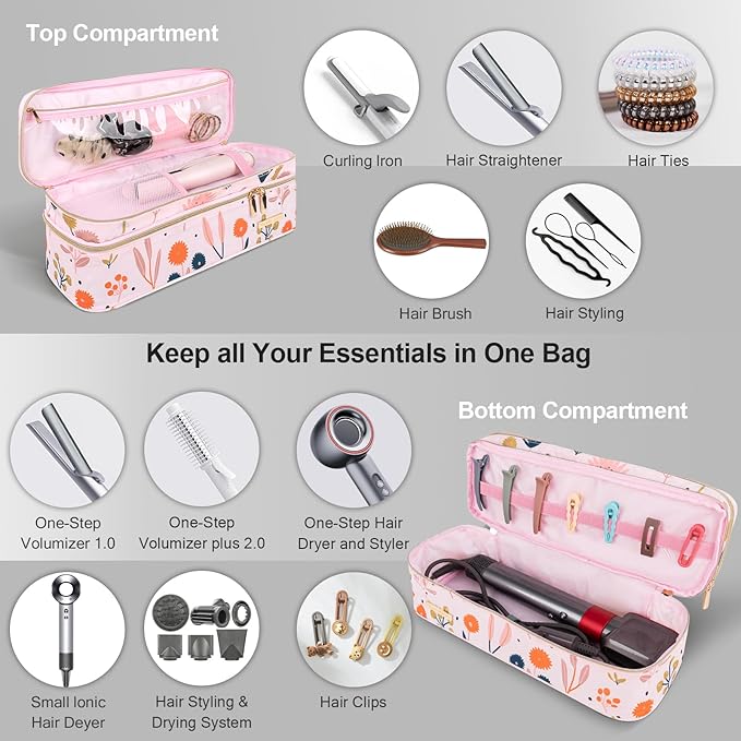 MissBoy Double Layer Travel Case Compatible with Revlon One-Step Volumizer/Hair Dryer/Hot Air Brush, Dyson Hair Dryer Carrying Case, Shark Flexstyle Storage Organizer Bag (Bag Only)