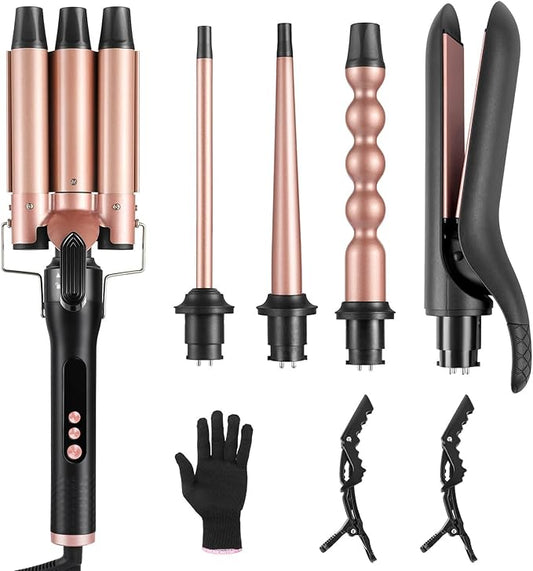 5 in 1 Hair Curling Iron Wand Set PTC Fast Heating Hair Crimper Professional Hair Styling Tools LCD Temp Control with Hair Straightener, Ceramic 3 Barrel Hair Waver Surprise Gift for Women Girl