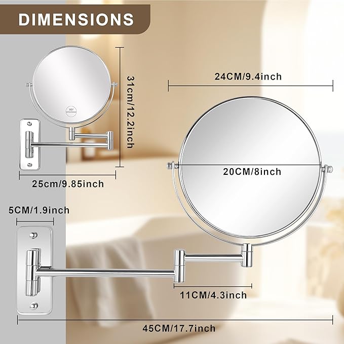 JANEEVA 8" Wall Mounted Makeup Mirror, 1X/10X Magnifying Mirror with 360° Extendable Arm Mirror for Bathroom-Double Sided Vanity Mirror for Man & Woman(Chrome)