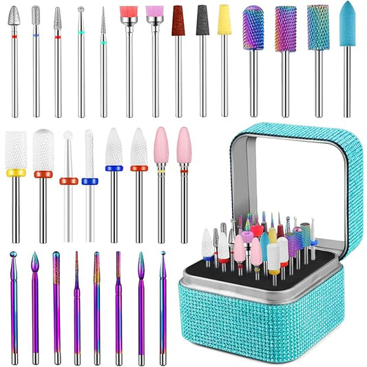 30Pcs Nail Drill Bits Set with Rhinestone Storage Box, 3/32 Inch Ceramic Diamond Carbide Nail Drill Bits for Acrylic Gel Polish, Cuticle Efile Remover for Manicure (Lake Blue)