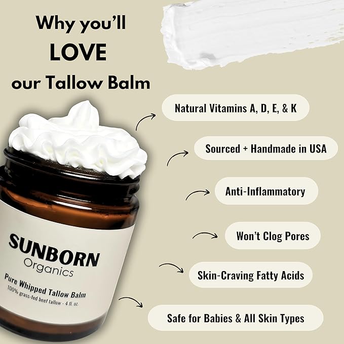 Pure Whipped Tallow Balm (Unscented) | 1 Ingredient | Handmade in USA | 100% Organic Grass-Fed Beef Tallow for Skin | Face Moisturizer for Dry Skin, Fragrance-Free, No Essential Oils