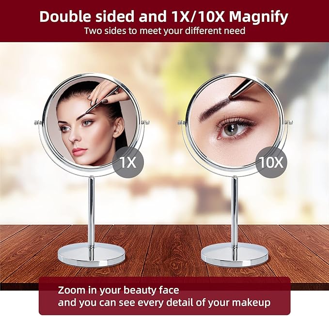 15" Tall Classic Round Desktop Makeup Mirror with Magnification, 8" Large Double-Sided 360° Swivel Free Standing Vanity Mirror, 1X/10X Magnifying Mirror with Stand for Bathroom & Bedroom, No Light