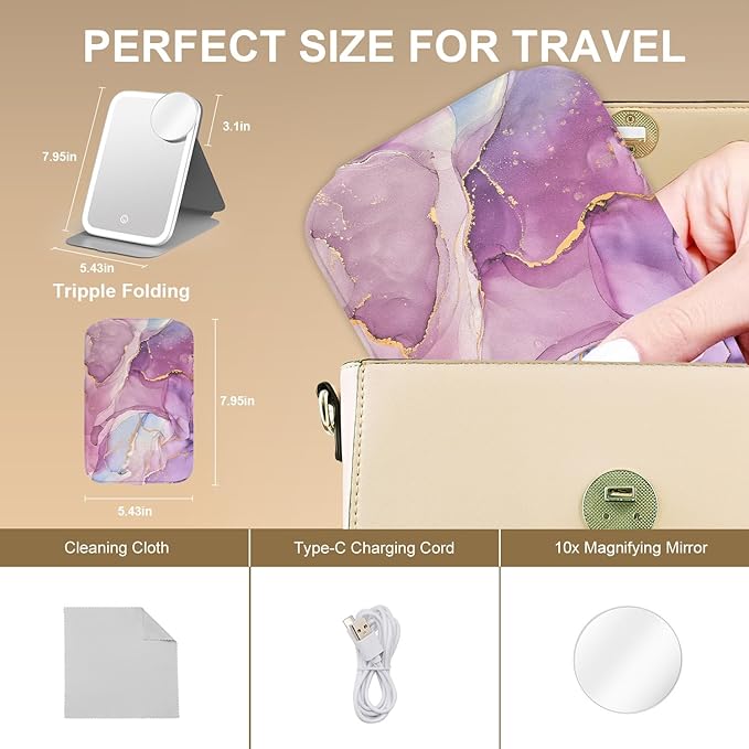 Mocado Travel Makeup Mirro with Lights, 360° Rotation Lighted Makeup Mirror, Portable Mirror with 10x Magnification, 3 Color Lightings, Dimmable Touch Screen, Tabletop Light up Mirror(Purple Marble)