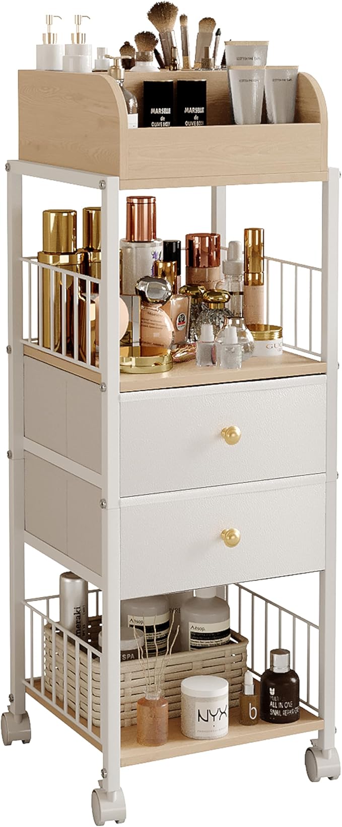 Floor Makeup Organizer Cart - Rolling Makeup Cart with Drawers, Skincare Make Up Organizers and Storage, Cosmetics Display Cases Holder for Skin Care Nail Polish Perfume Makeup Brush (White)