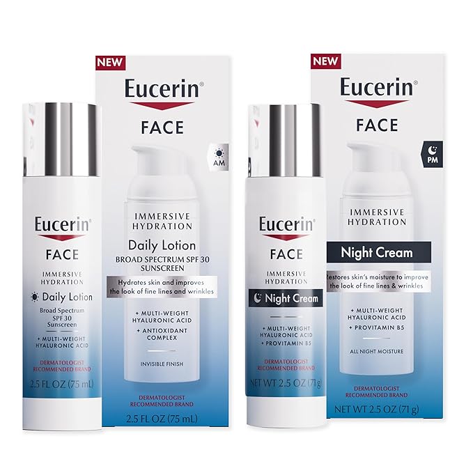 Eucerin Face Immersive Hydration Daily Face Lotion with SPF 30 (2.5 Fl Oz) Bottle + Night Cream with Hyaluronic Acid (2.5 Fl Oz), Skin Care Gifts for Mom