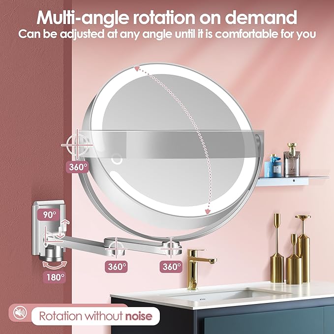 1X/20X Rechargeable Wall Mounted Lighted Makeup Mirror, 8" Magnifying Mirror with 3 Color Dimmable Lights for Bathroom, Built in 2000mAh Battery, 360° Rotation Vanity Mirror Extendable Arm