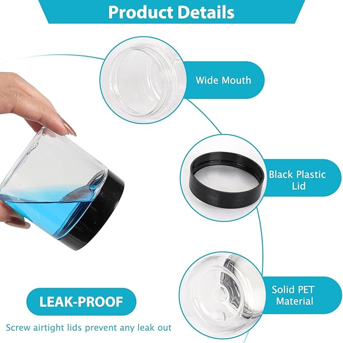 4 oz Clear Plastic Round Jars with Black Lids, 50pcs 4oz 120ml Leak-Proof Wide-Mouth Cosmetic Storage Containers for Kitchen Use, Beauty Products, Cream, Scrubs, Bath Salt and More
